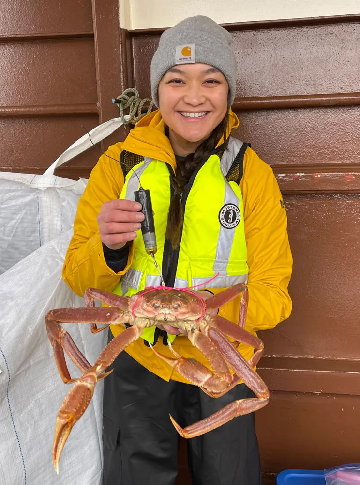Connie Melovidov holds a tagged snow crab in spring 2022 during a pilot study to monitor winter and spring movements in the Bering Sea.