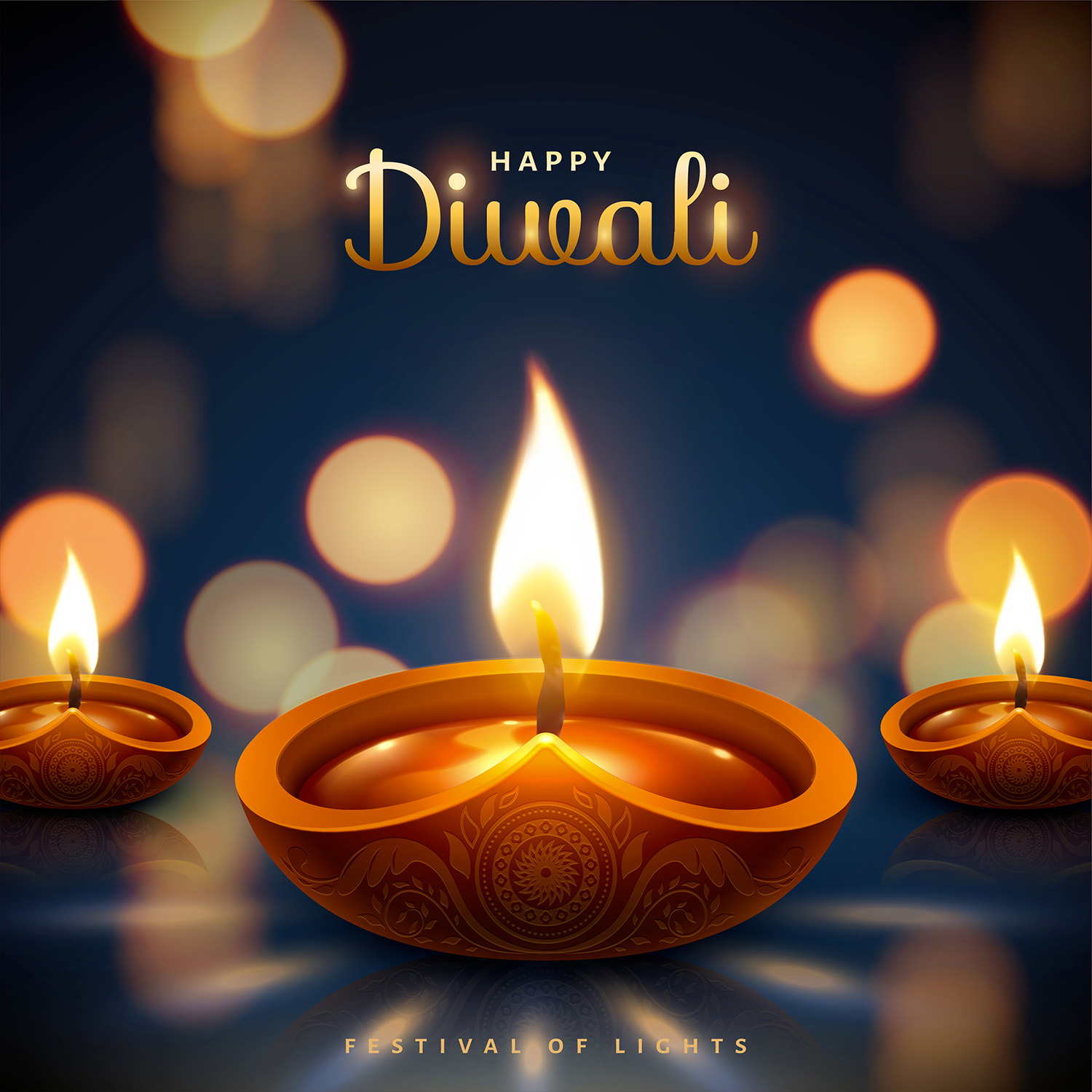 Graphic image of three lighted candles in front of a blue background with Happy Diwali in script above the candles and Festival of Lights in small text below the front candle.