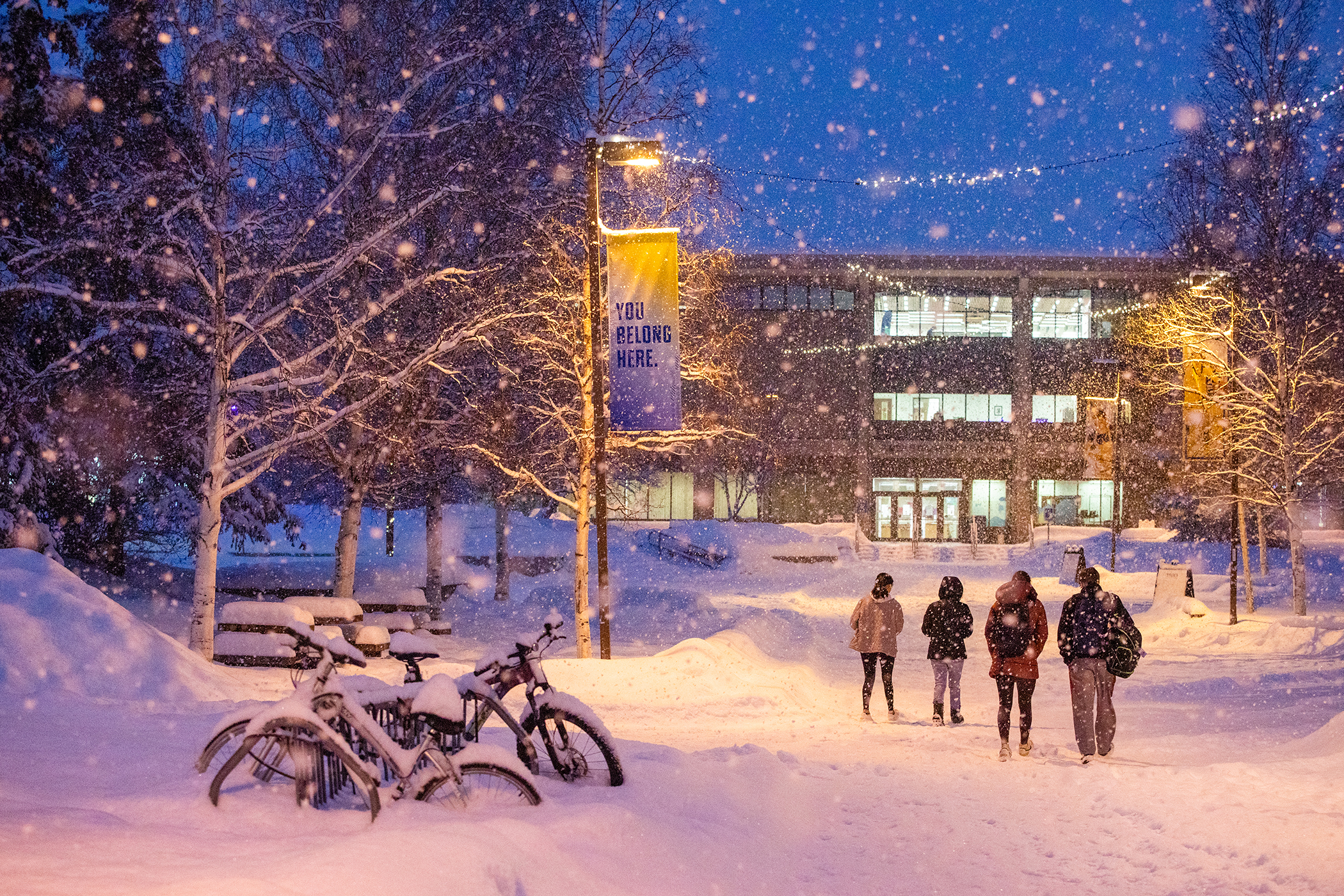 four people walk through the snow, with snow falling, toward a building.