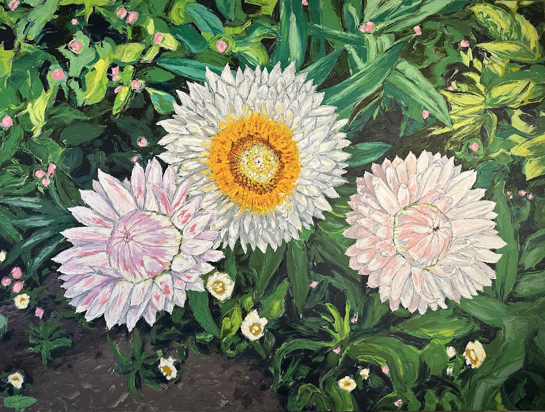 An oil painting of flowers by Allison Juneau, administrative assistant with UAF Summer Sessions and Lifelong Learning.