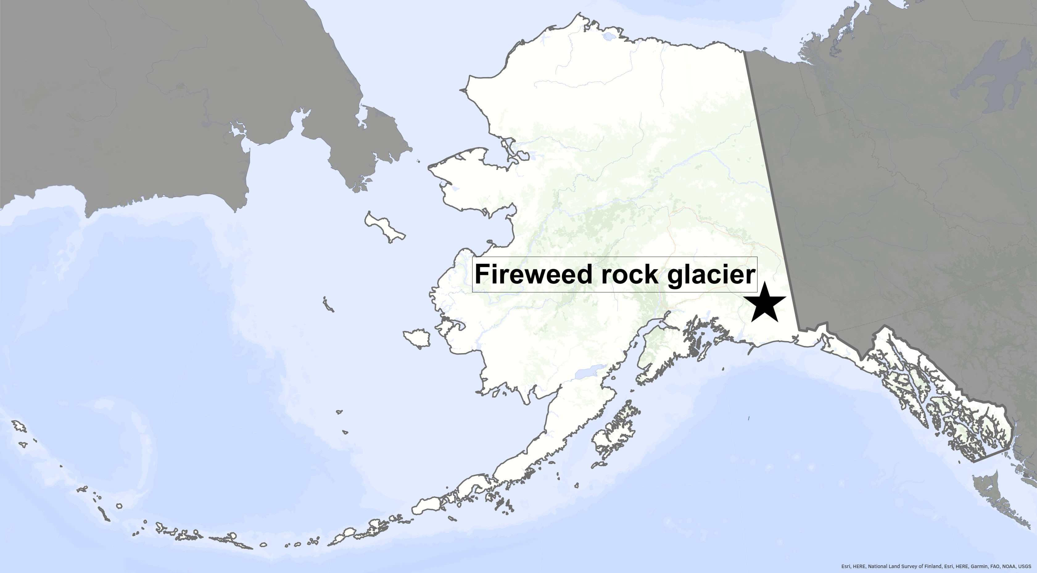 map of Alaska with a star showing the location of Fireweed rock glacier near McCarthy in the southeast corner of the state