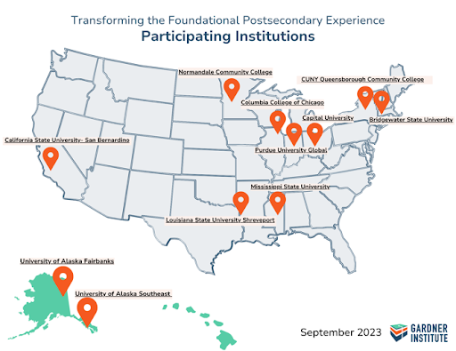 Transforming the Foundational Postsecondary Experience participating institutions marked on a map of the United States