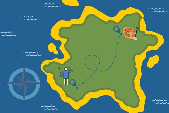 Graphic image of a simple treasure map on an island