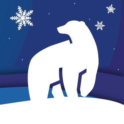 Stylized image of a white polar bear facing right and looking over its shoulder to the left while standing on a snowy hill in front of a multi-shaded blue background with snowflakes.