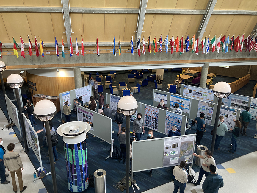 People look at posters during a scientific poster session