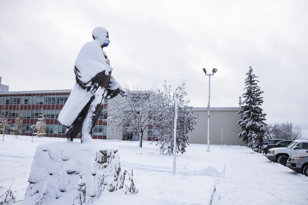 A statue of a man covered in snow