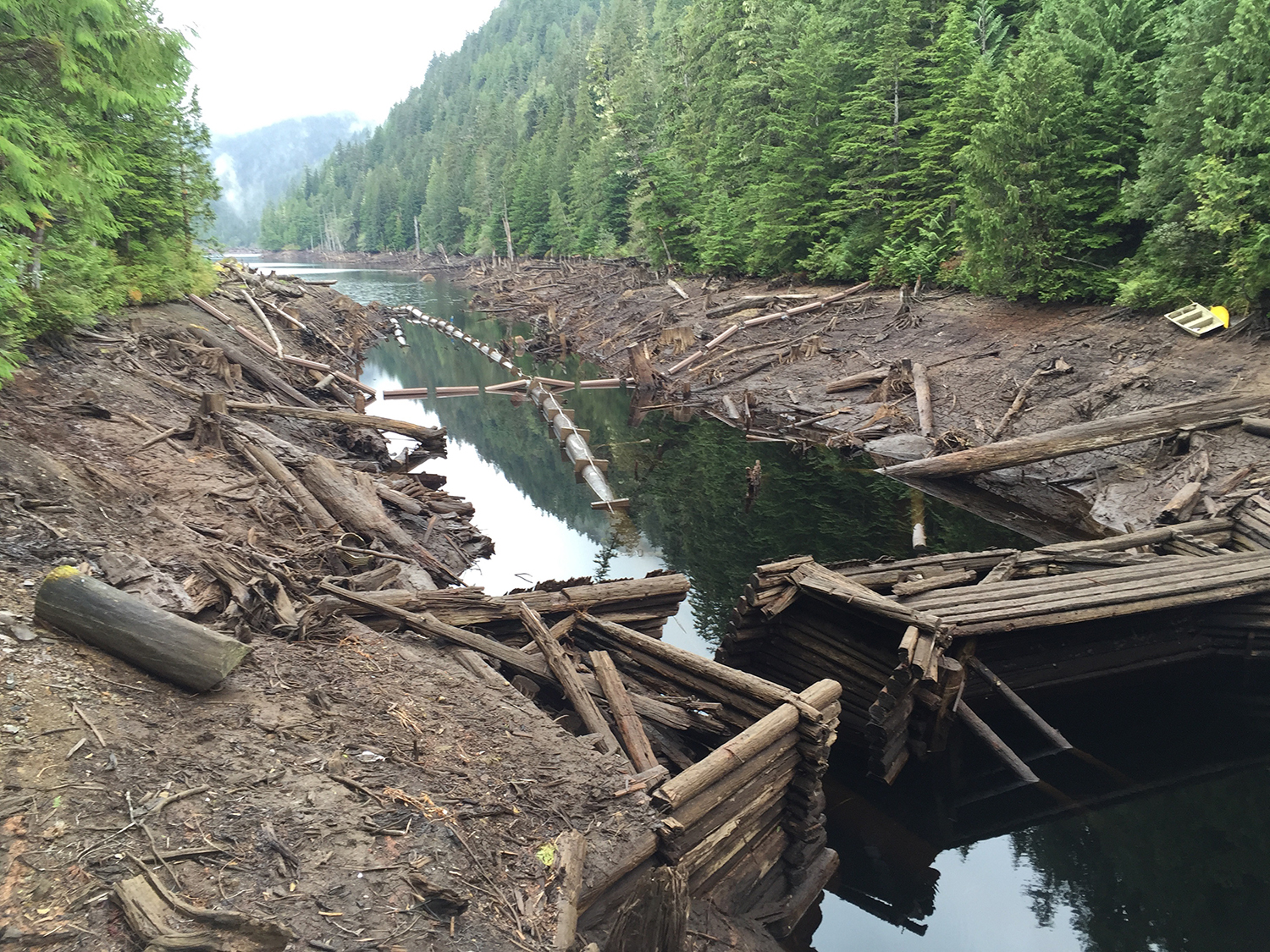 Low water exposes the banks of a reservoir near Ketchikan during the drought. 