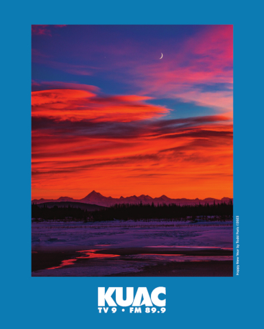 a poster with a red sunset and a blue border
