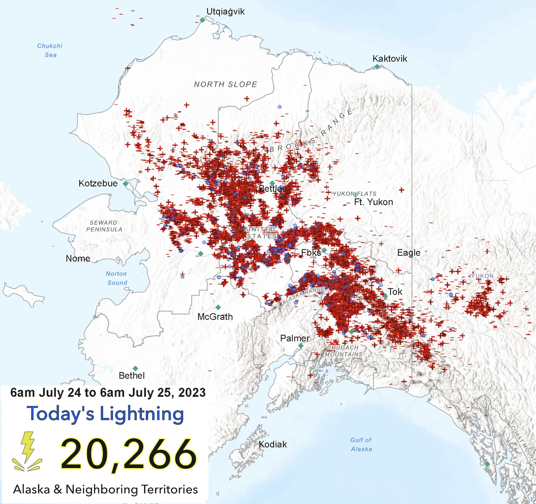 A map of Alaska features red cross marks to show lightning strike locations on July 24-25, 2023.