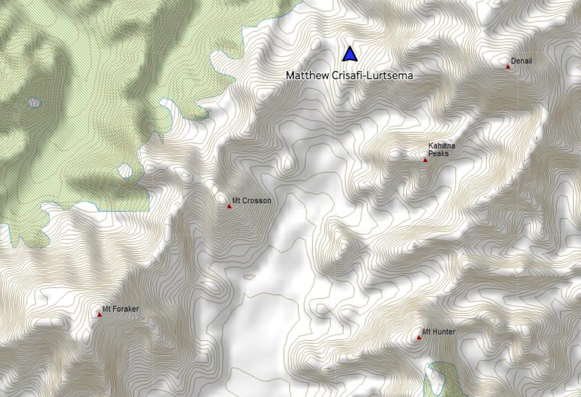 A topographical map including markers for Mt. Foraker, Mt. Crosson, Mt. Hunter, Kahiltna Peaks and Denali. A blue arrow to the west of Denali indicates the location of Matthew Crisafi-Lurtsema.