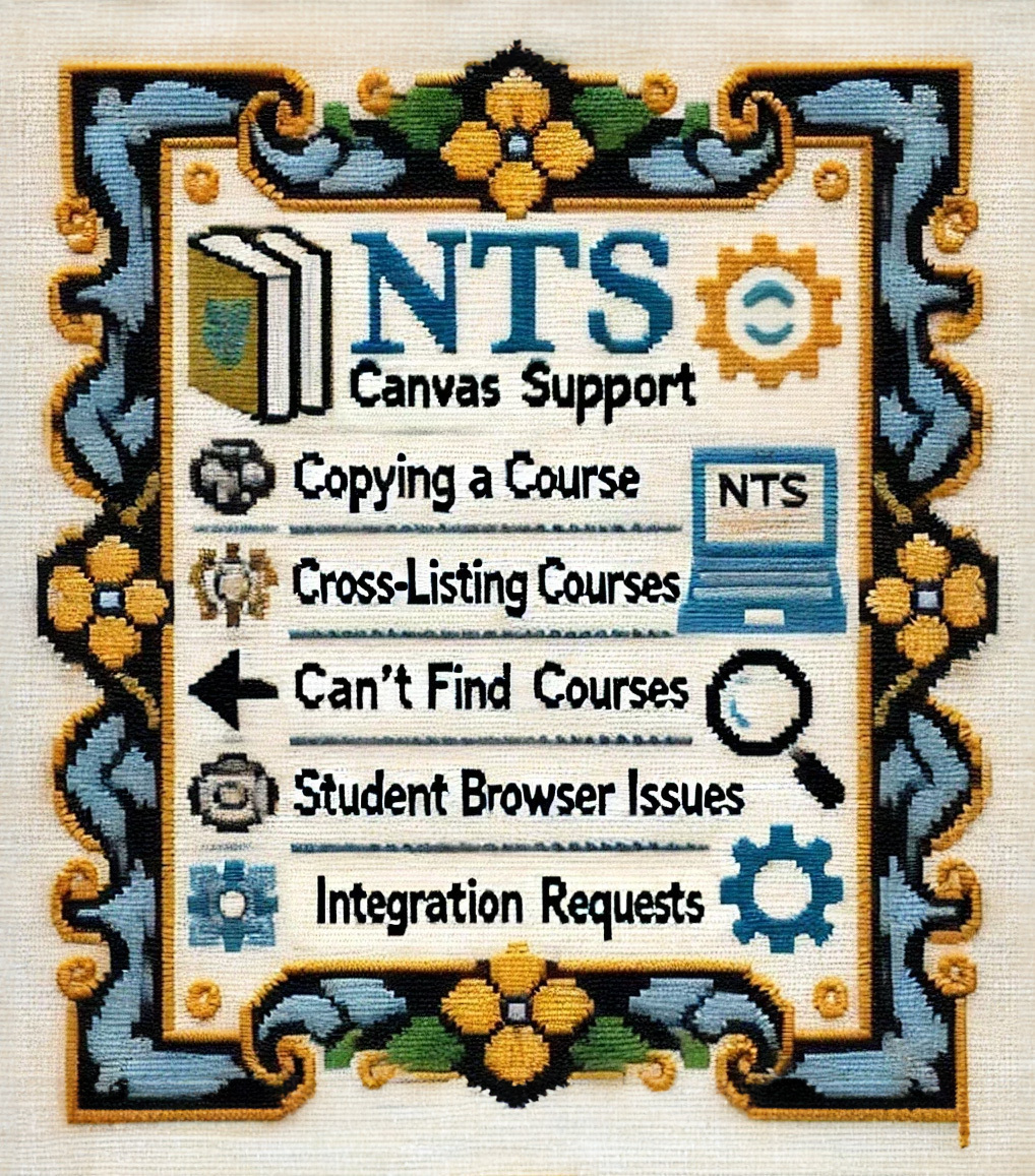 A needlepoint with information on which services NTS supports for Canvas.