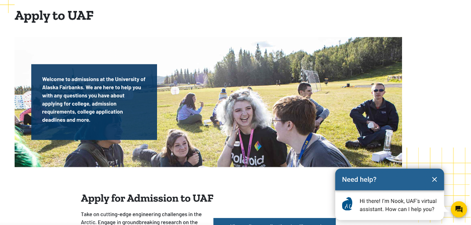 A screenshot of the admissions homepage, showing the chatbot window in the lower right-hand corner.