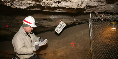 Measurements are taken for research from inside the Permafrost Tunnel Research Facility located 16 miles north of Fairbanks, Alaska.