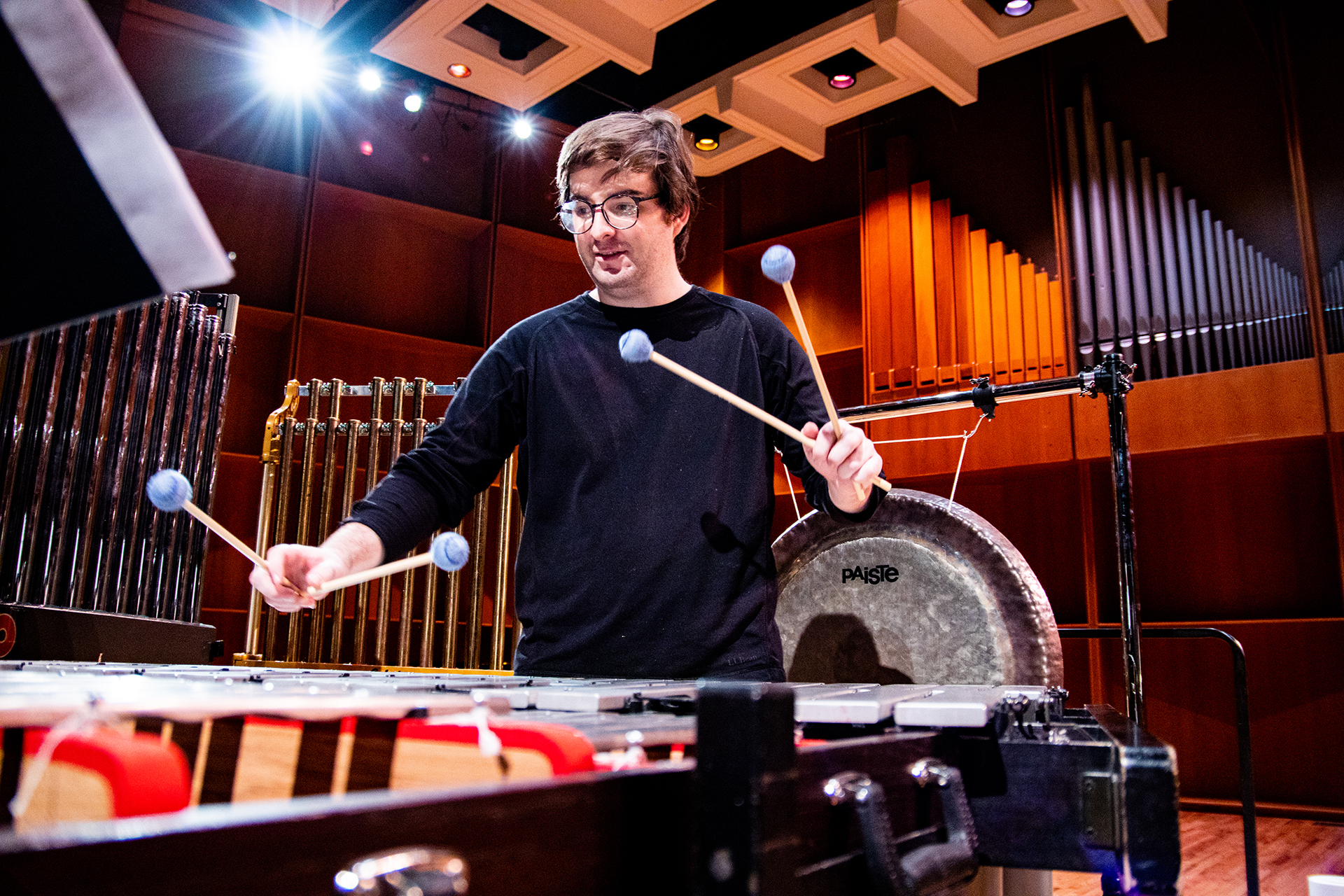 Sean Dowgray, UAF Percussion Instructor, plays in the UAF Davis Concert Hall. Photo by Scott Hansen.