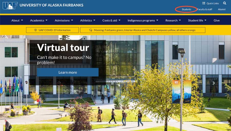 Screenshot of current students page link on the UAF home page
