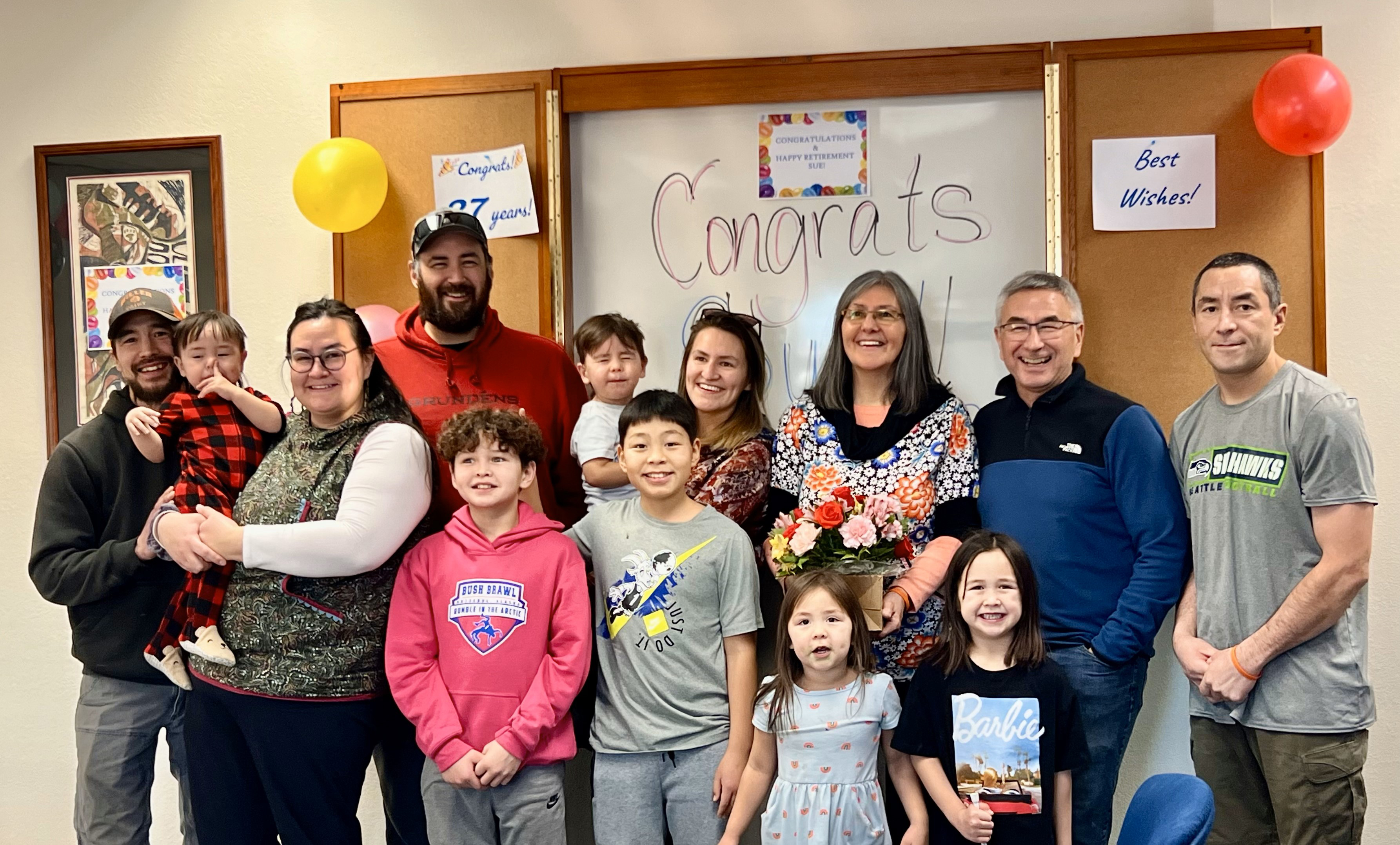 Sue Luke celebrates her retirement with her family during a retirement celebration at Northwest Campus.