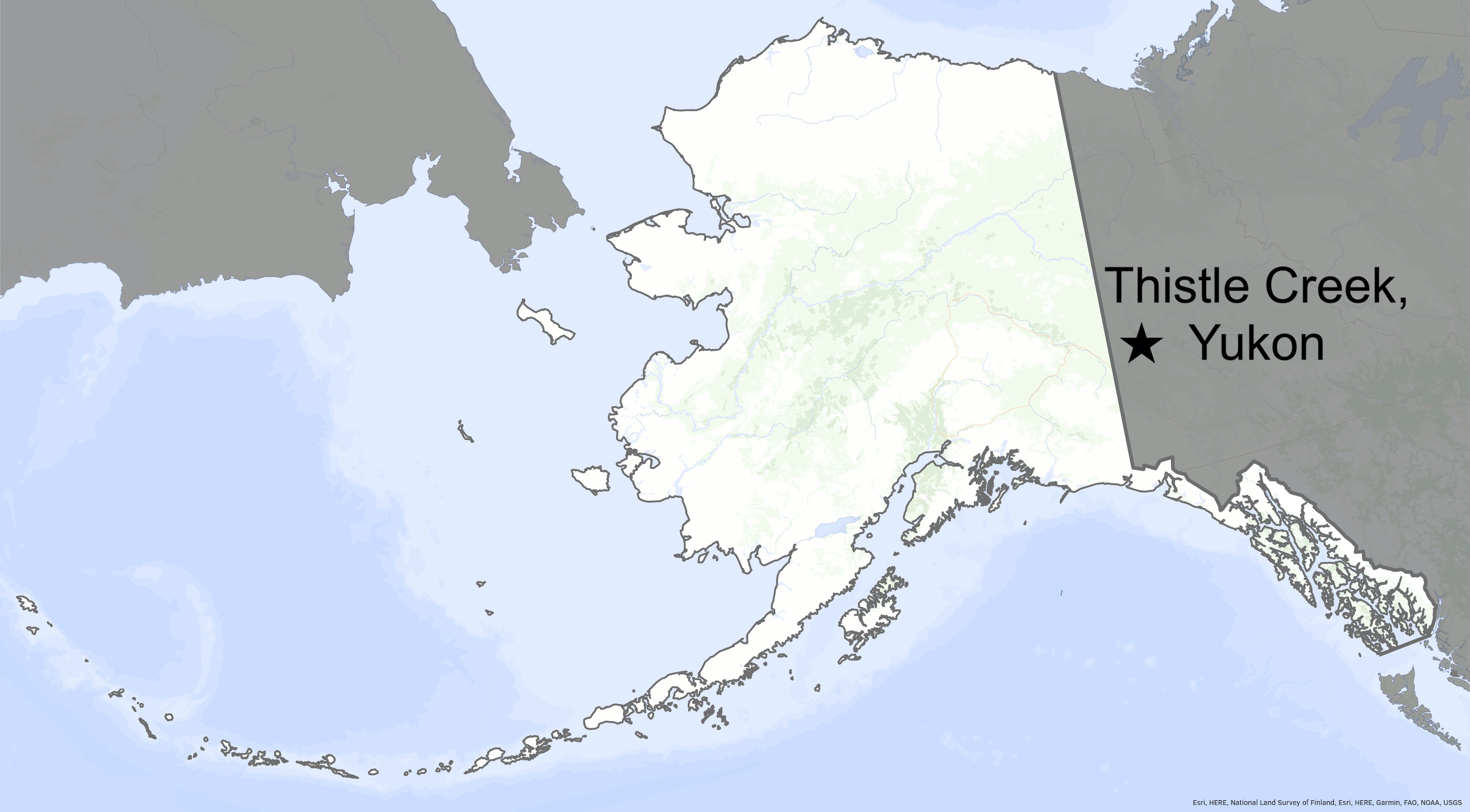 A map of Alaska and northwestern Canada shows the location of Thistle Creek, in Canada's Yukon.