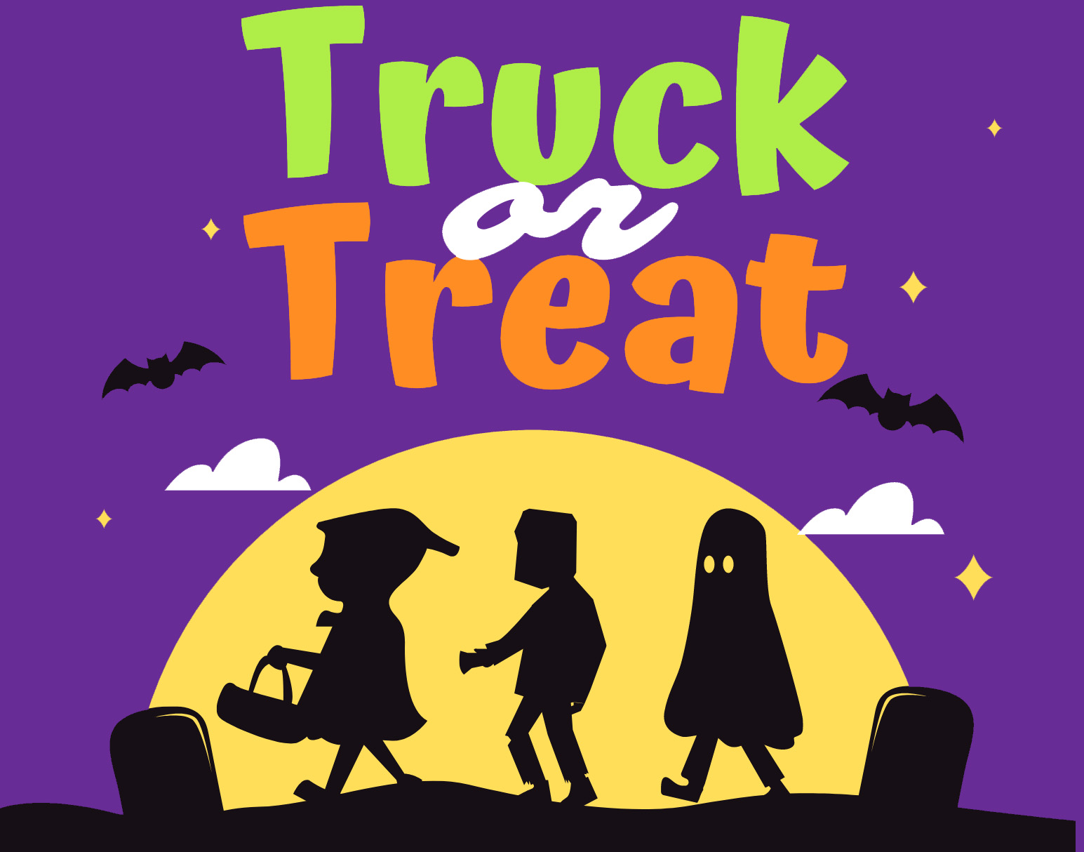 Graphic image of three children in Halloween costumes silhouetted against a yellow moon rising behind a graveyard scene with black bats flying around the words Truck or Treat in neon green, white and orange superimposed over a purple sky.