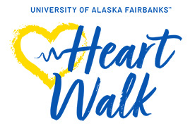Small University of Alaska Fairbanks lettering in blue above a bold yellow heart outline with a blue heartbeat rhythm line moving into blue script of the words Heart Walk to the right of the heart on a white background.