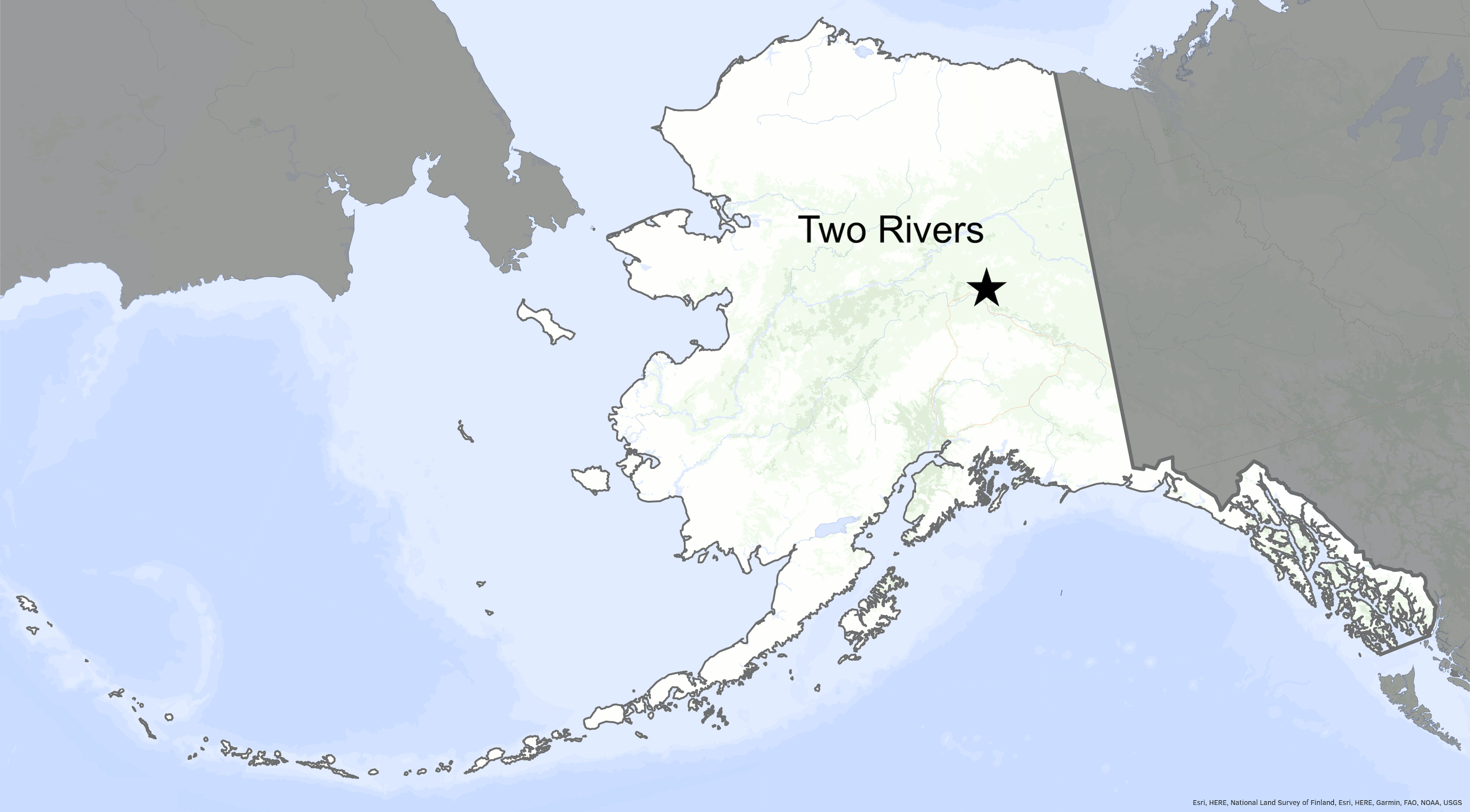 A star on a map locates Two Rivers in Alaska's interior.