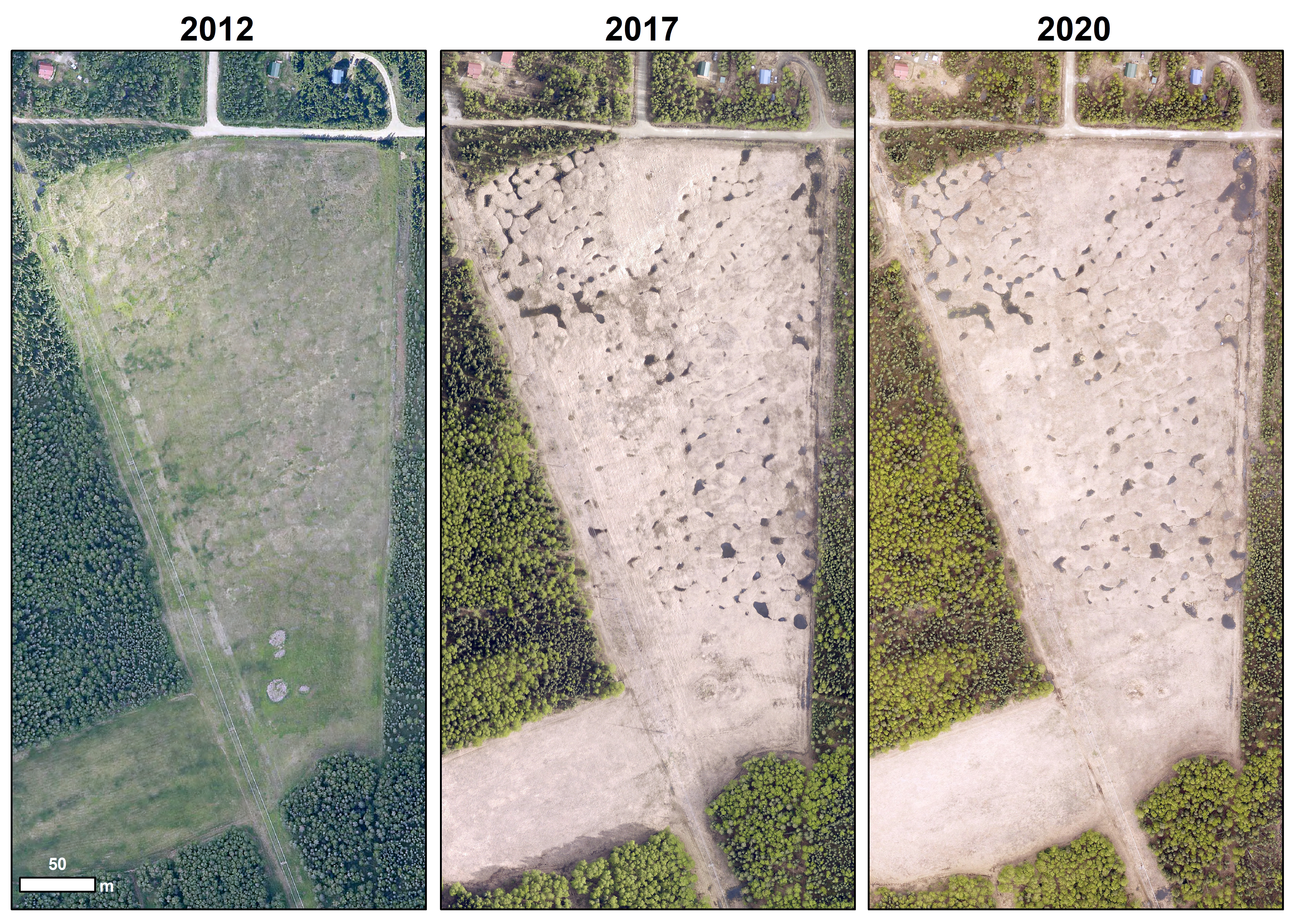 three panels showing aerial view of agricultural fields. From left to right, each panel has more dark area, which indicates ponds