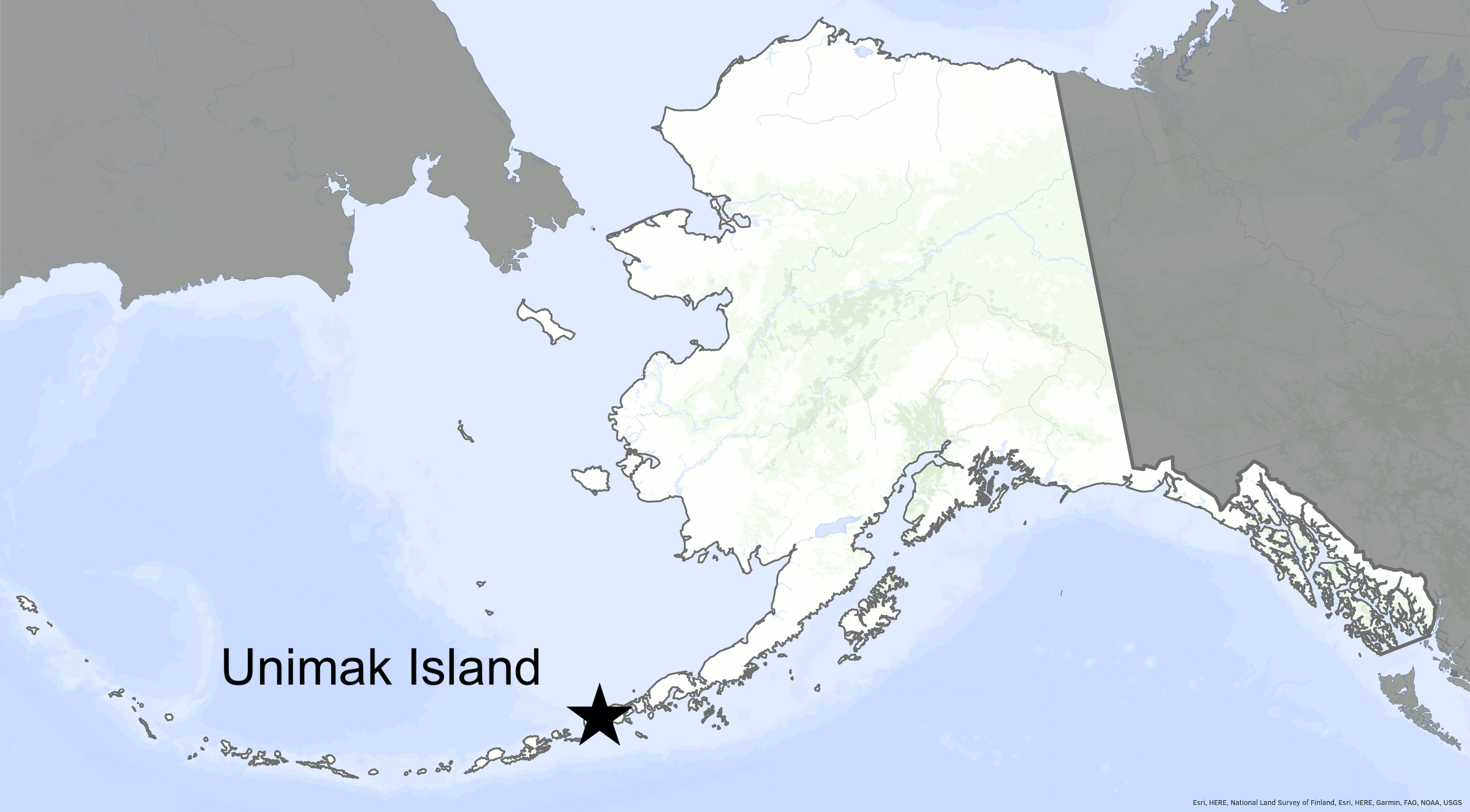 A map of Alaska shows the location of Unimak Island in the Aleutian Island chain.