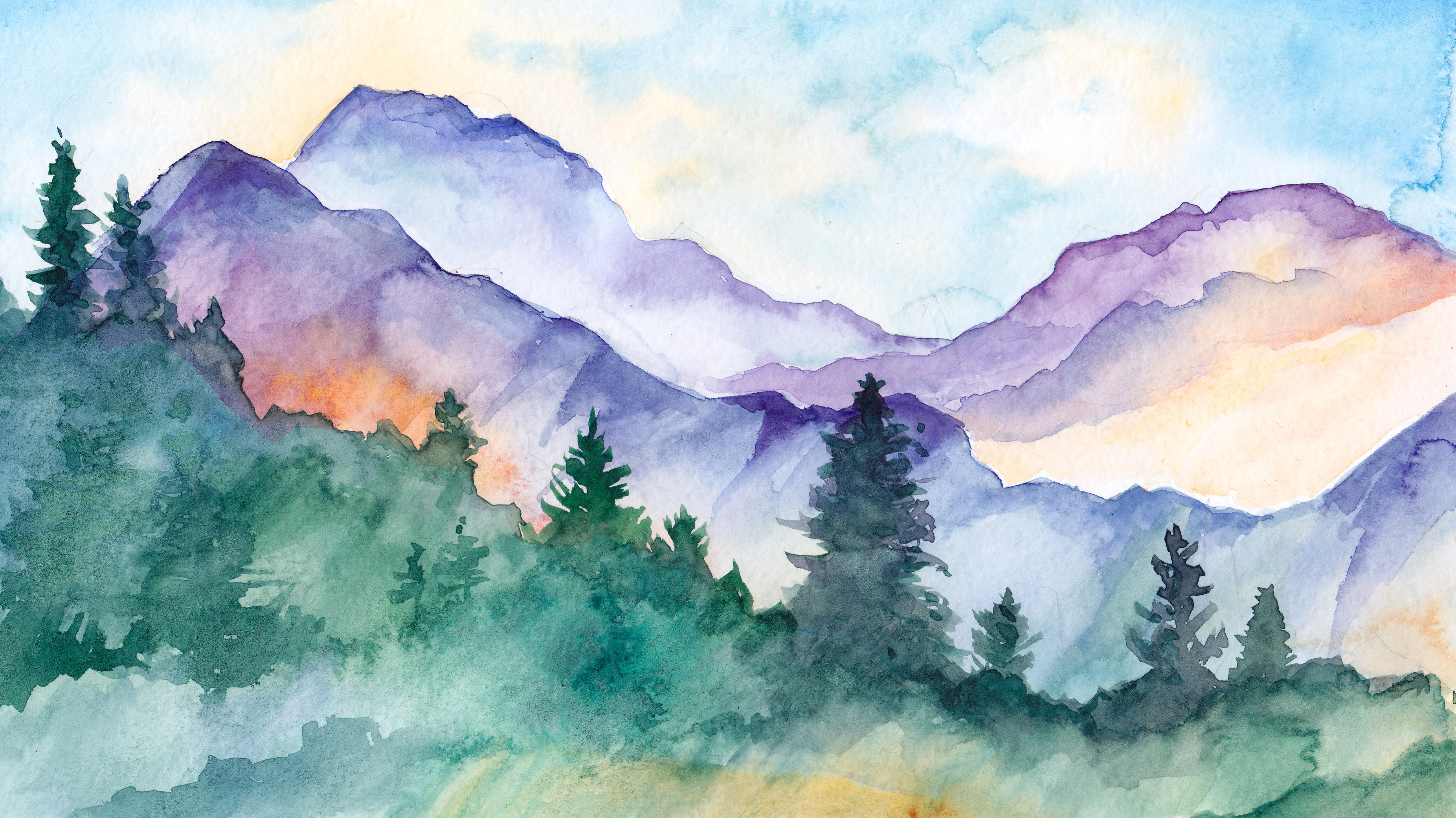 Watercolor paining of blue mountains with green trees