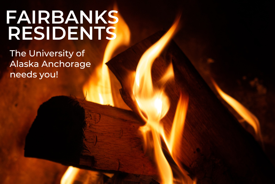 Photo of woodstove fire with text overlay stating Fairbanks residents wanted for University of Alaska Anchorage study