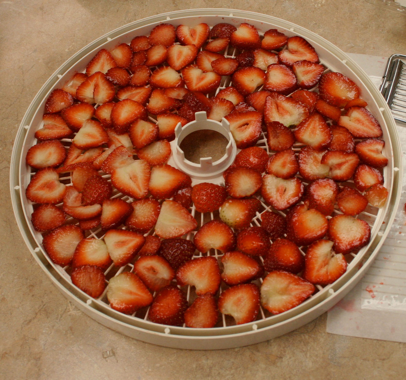 Sliced ripe strawberries are arranged on a round drying rack.