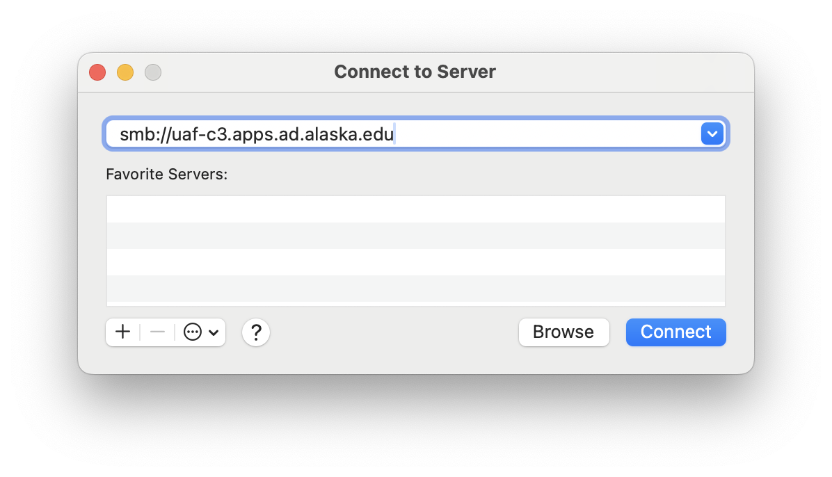 a screenshot showing the 'Connect to Server' dialog on a macOS computer