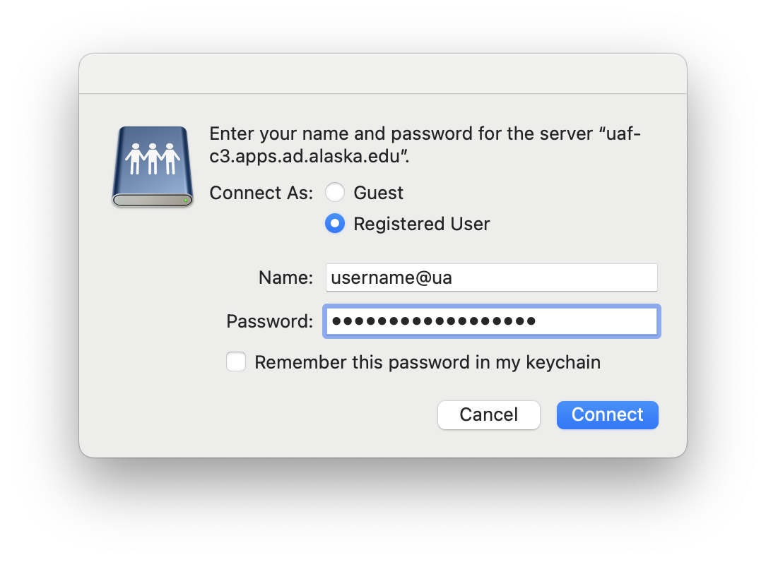 A screenshot of the login prompt for shared drive mapping on a macOS computer