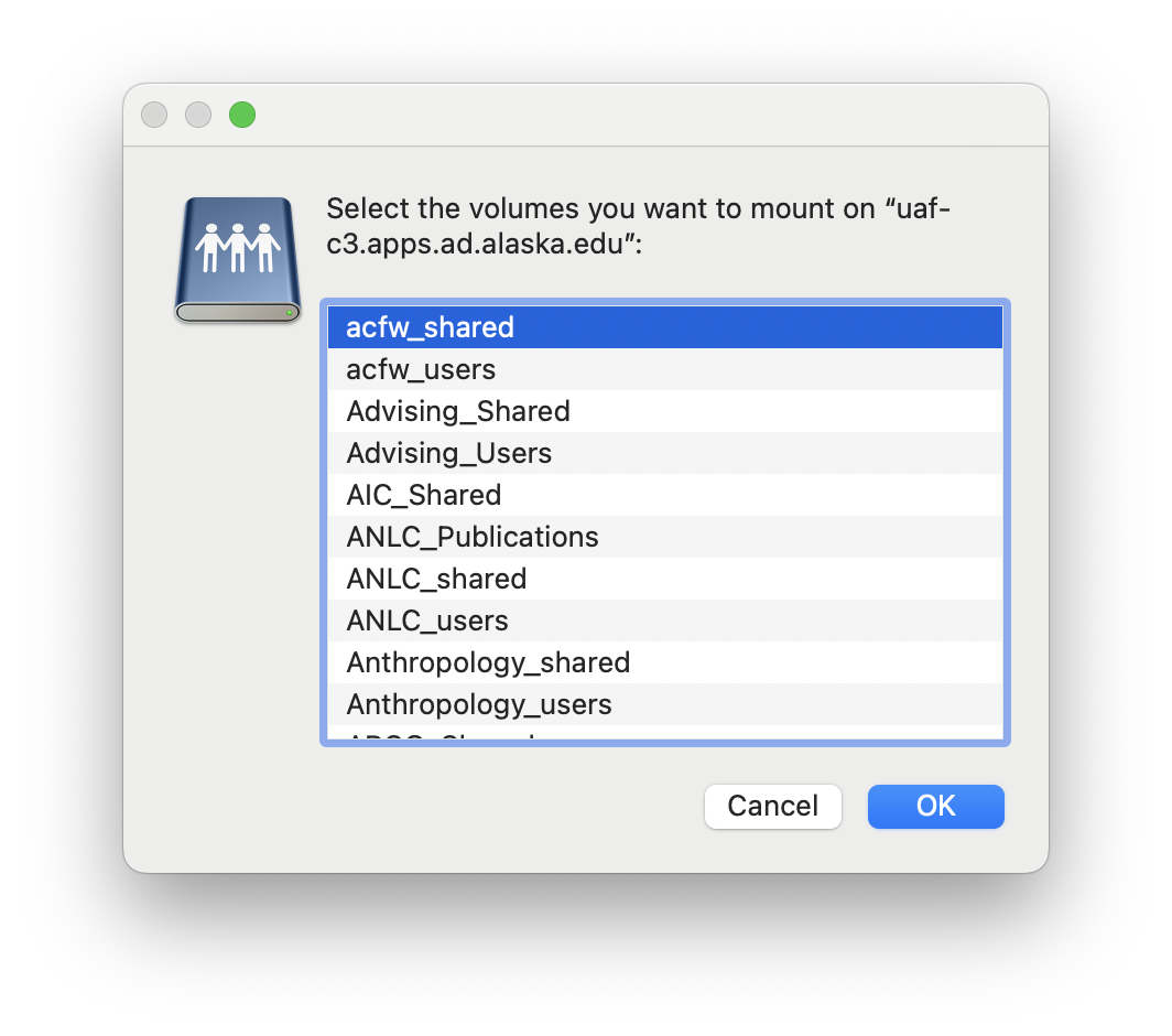 A screenshot of the folder selection prompt when mapping a shared drive on a macOS computer