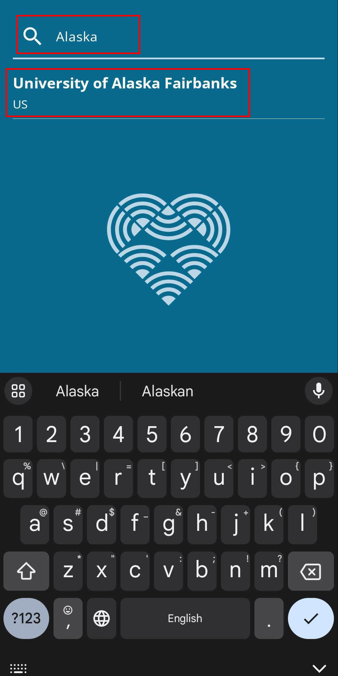 The geteduroam logo is in the center of the screen. A list of nearby configs is just above it, and the item in the list is the University of Alaska Fairbanks. "Alaska" is typed in a search bar at the very top of the screen, and a keyboard is visible at the bottom.