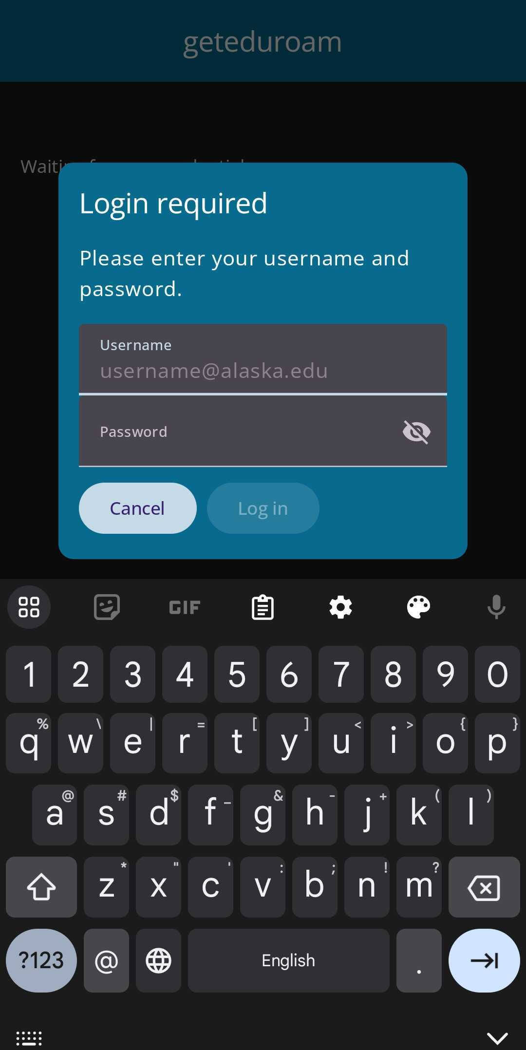 A login prompt within the geteduroam app. It says 'Login required. Please enter your username and password.' and has a field for a username and password below. A keyboard is visible at the bottom of the screen.