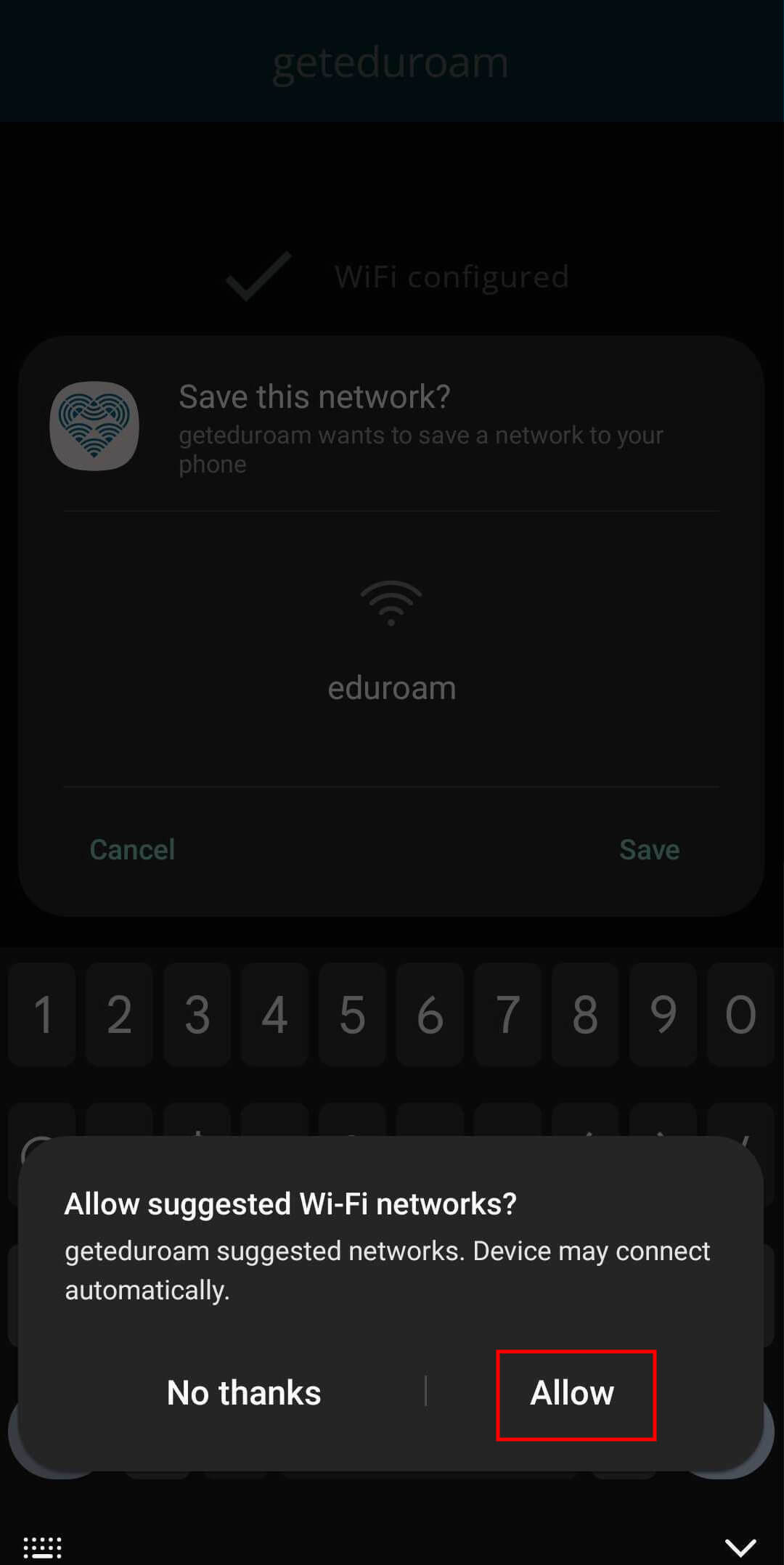A text box popup asking to allow suggested wi-fi networks. There are two button options titled 'No thanks' and 'Allow,' with 'Allow' highlighted on the right.