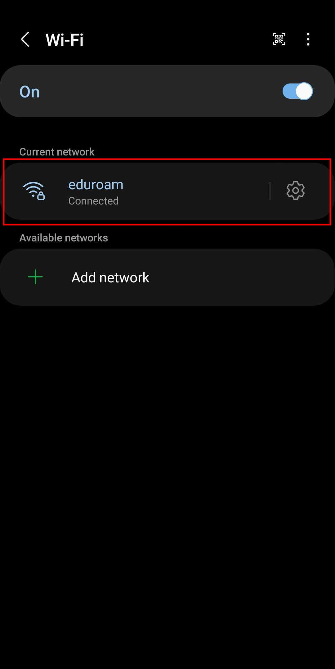A screenshot of the Wi-Fi settings for an Android device. Eduroam is a listed network, and its status is 'Connected.'