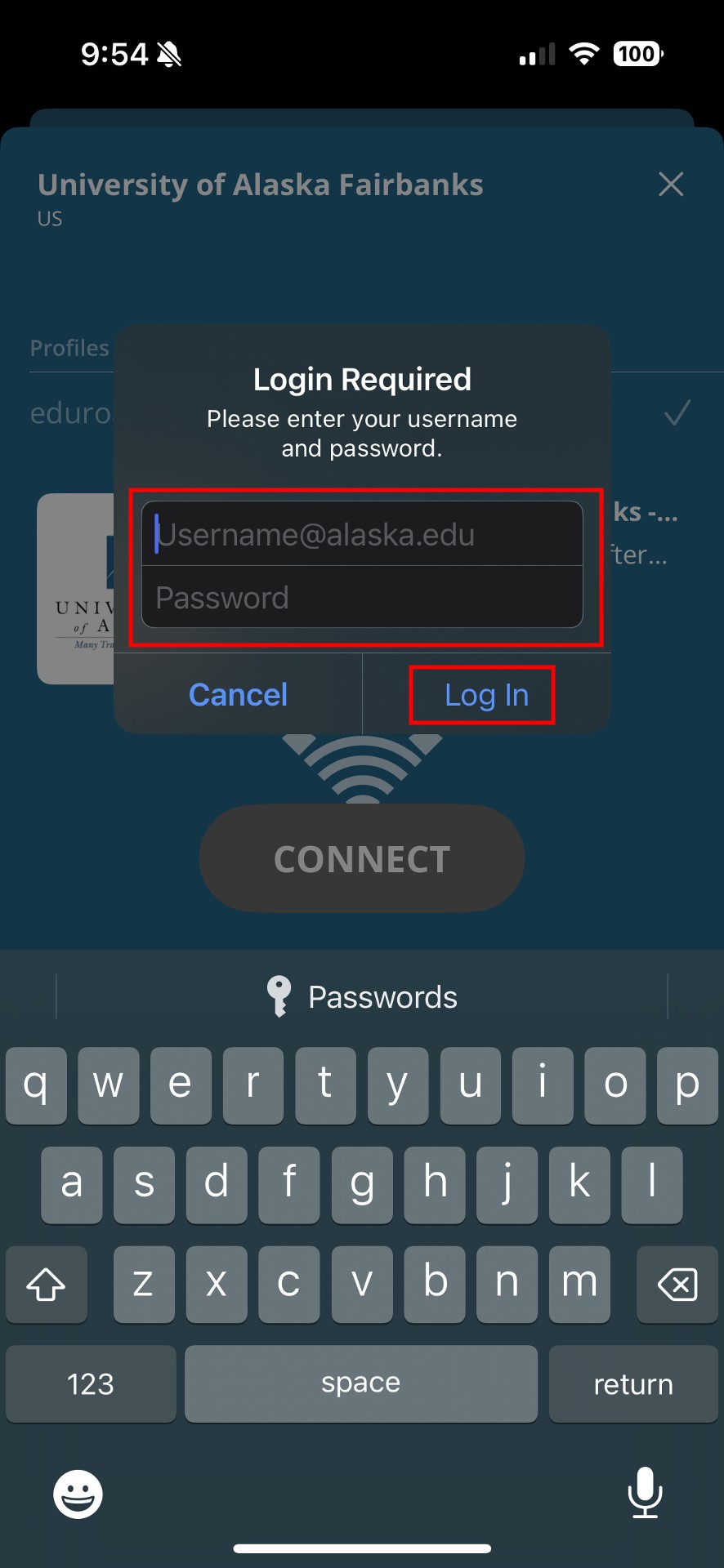 A login prompt within the geteduroam app. It says 'Login Required. Please enter your username and password.' With a field for each. The 'Log In' button option is highlighted to the right. A keyboard is visible at the bottom of the screen.