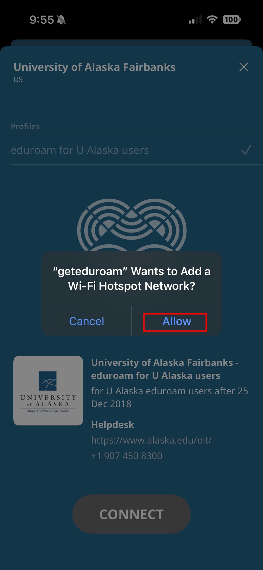 A prompt reading 'geteduroam wants to add a wi-fi hotspot network?' with the 'Allow' button on the right highlighted. 