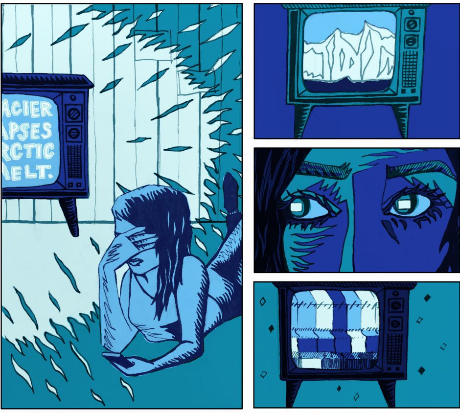 comic panel in blue of a woman watching TV about ice melting by AG Moore