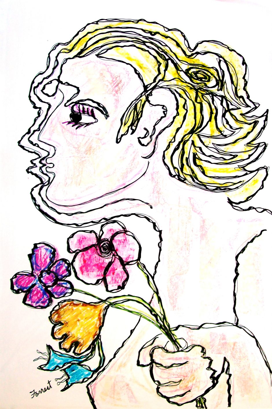A drawing of a woman holding flowers by Allen Forest