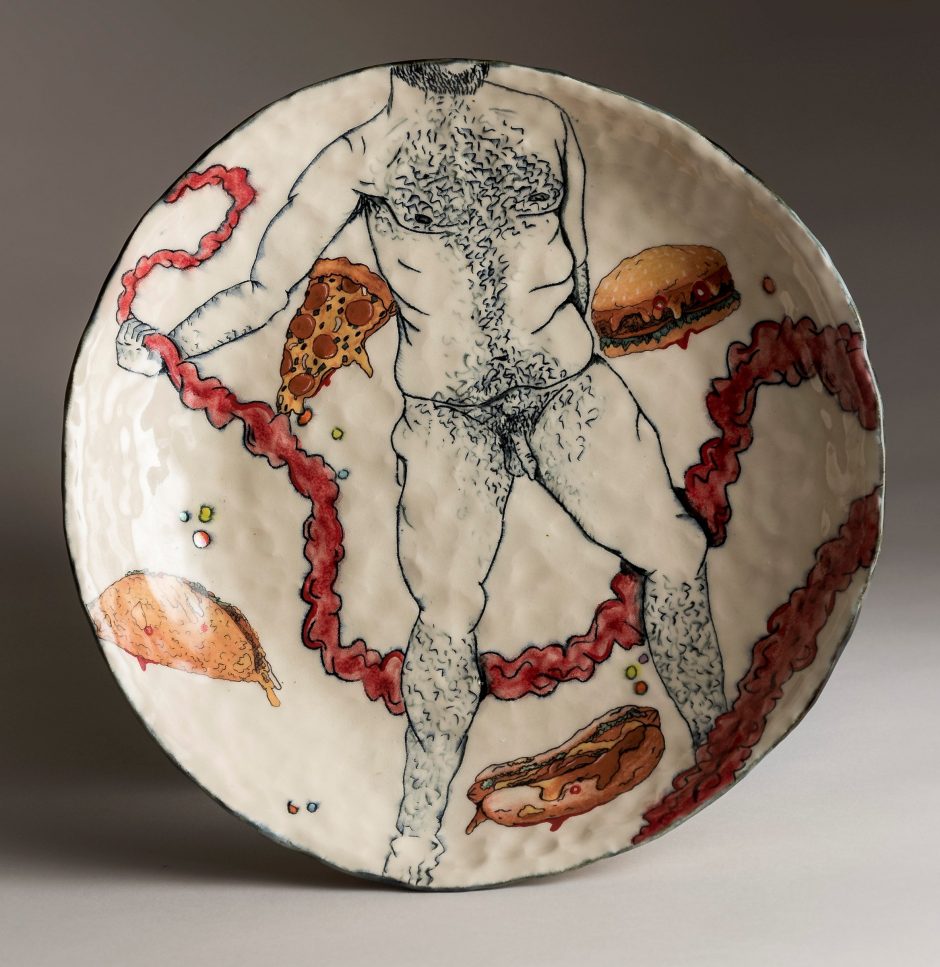 Ceramic dish featuring an image of a male body and various foods by Ian Park