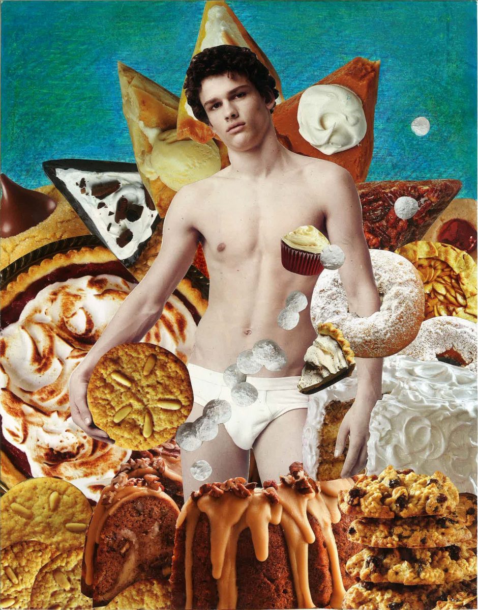 Collage of a male body surrounded by confections