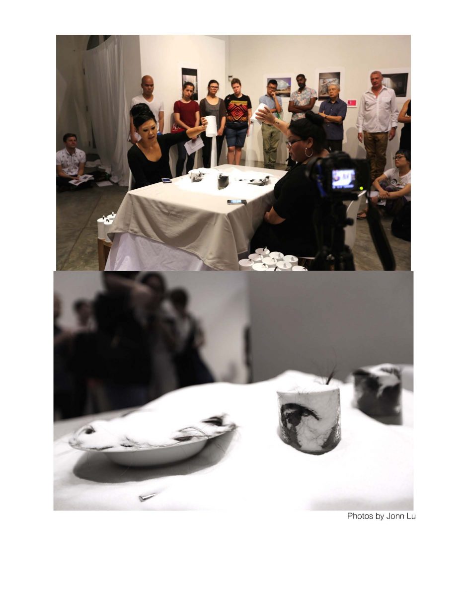 Another image of participants pouring salt, and a black and white close up image of the salt covered table