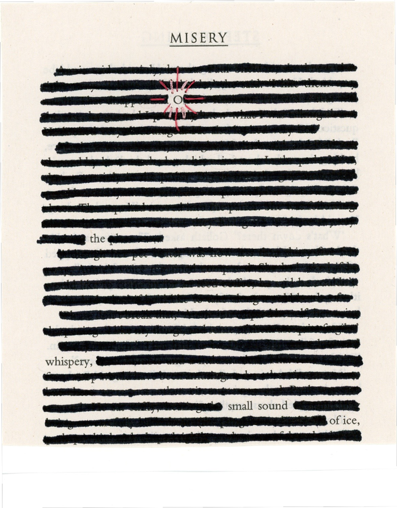 A page from Stephen King's book Misery with most words crossed through in black