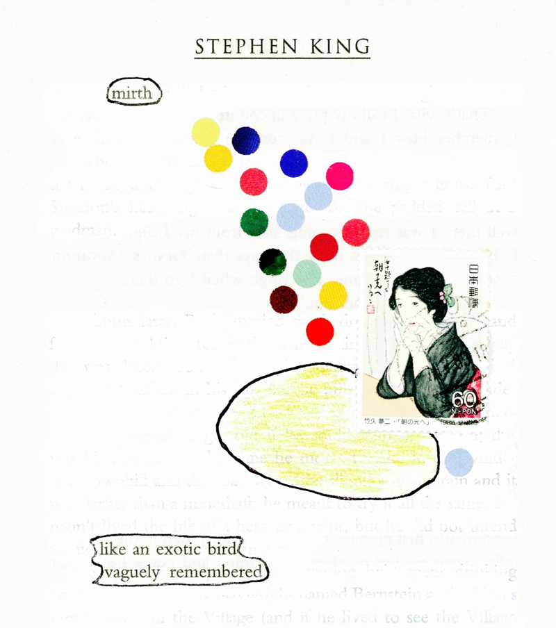 A page from Stephen King's book Misery with words selectively circled and art drawn over the page