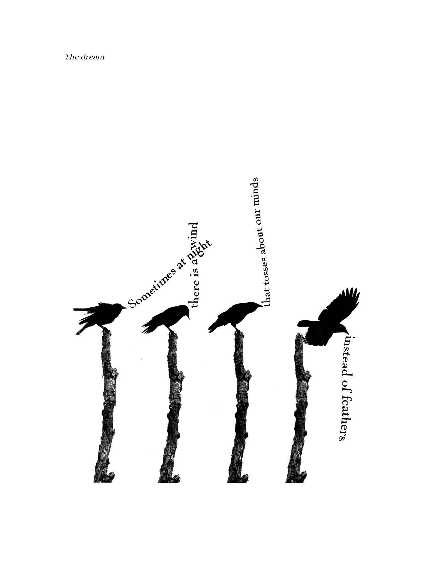 Four birds each on an upright stump with lines of poetry
