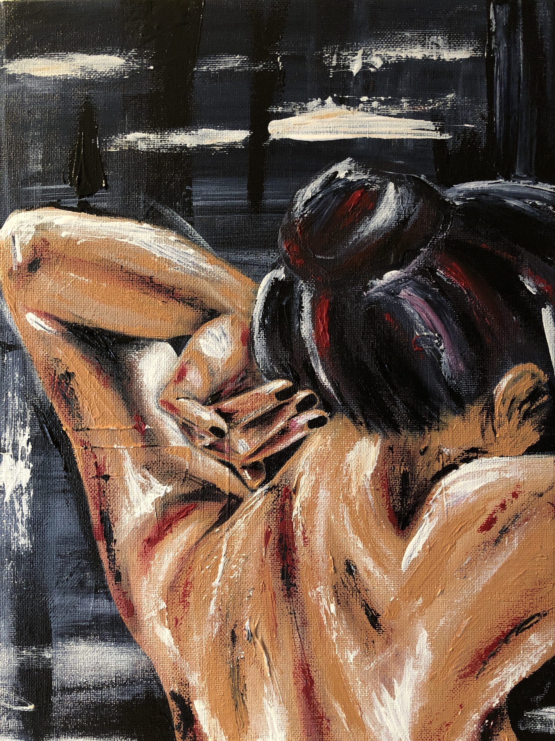 Painting of a woman putting her hair up