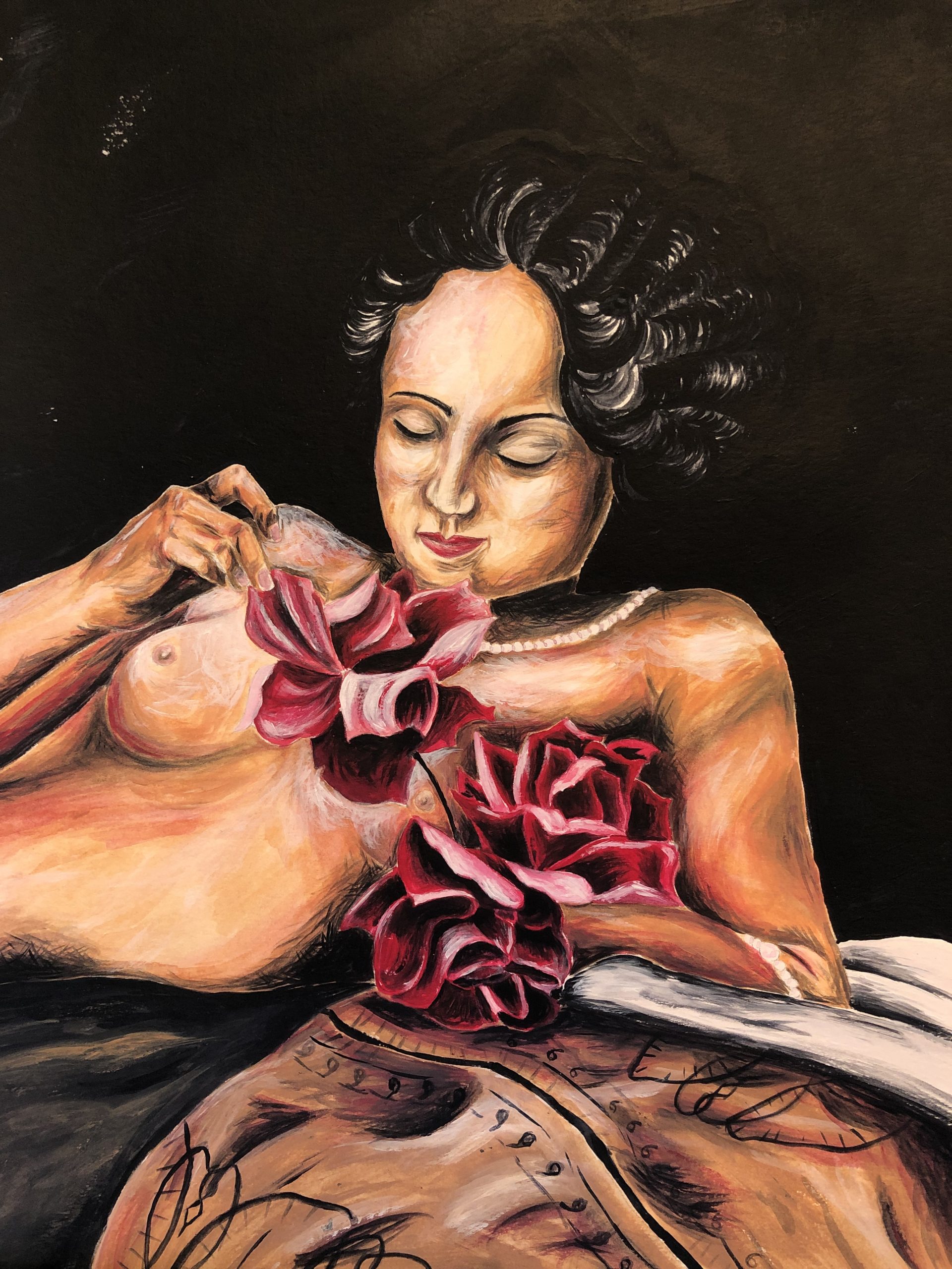 Painting of a woman pulling petals from pink flowers