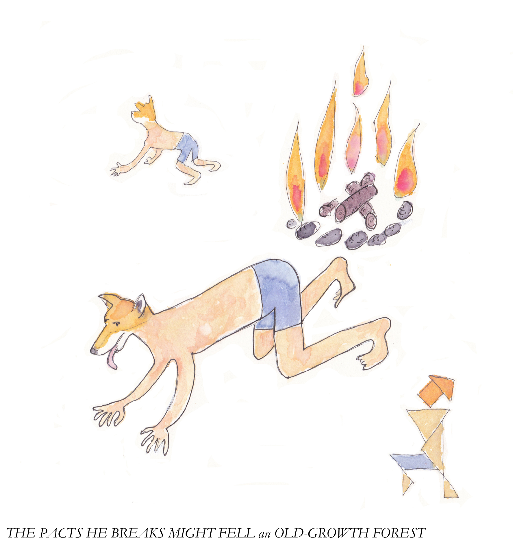 Men with dog heads running away from a campfire