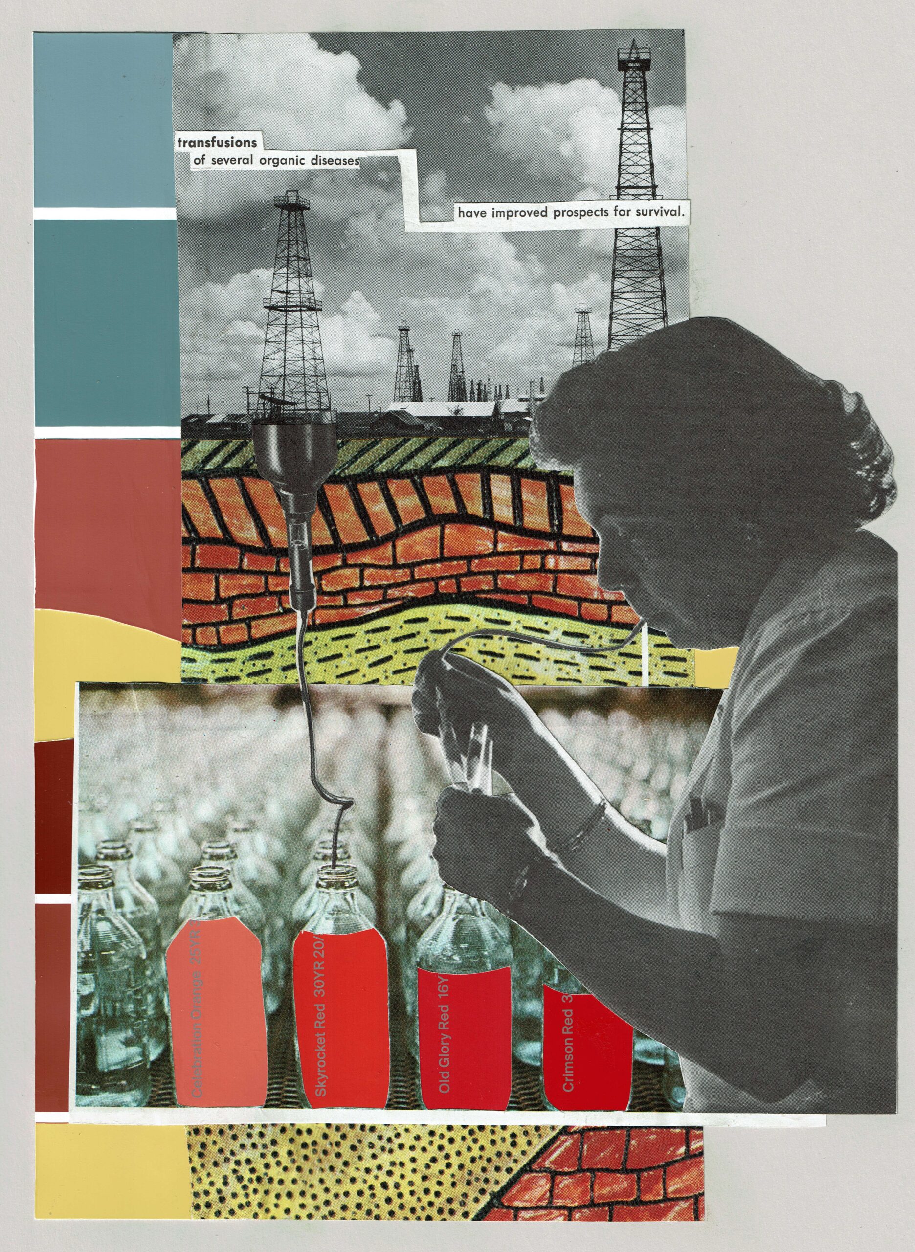 collaged artwork included a cutout image of a woman, bottles in a factory and radio towers